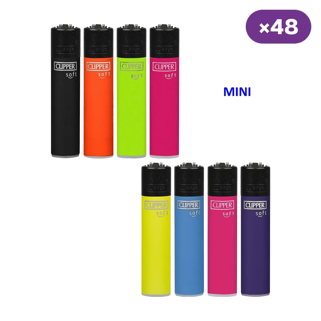 Selección de encendedores Clipper Mini Soft de distintos colores, con cabezal negro, sobre fondo blanco y distintivo de 48 unidades.