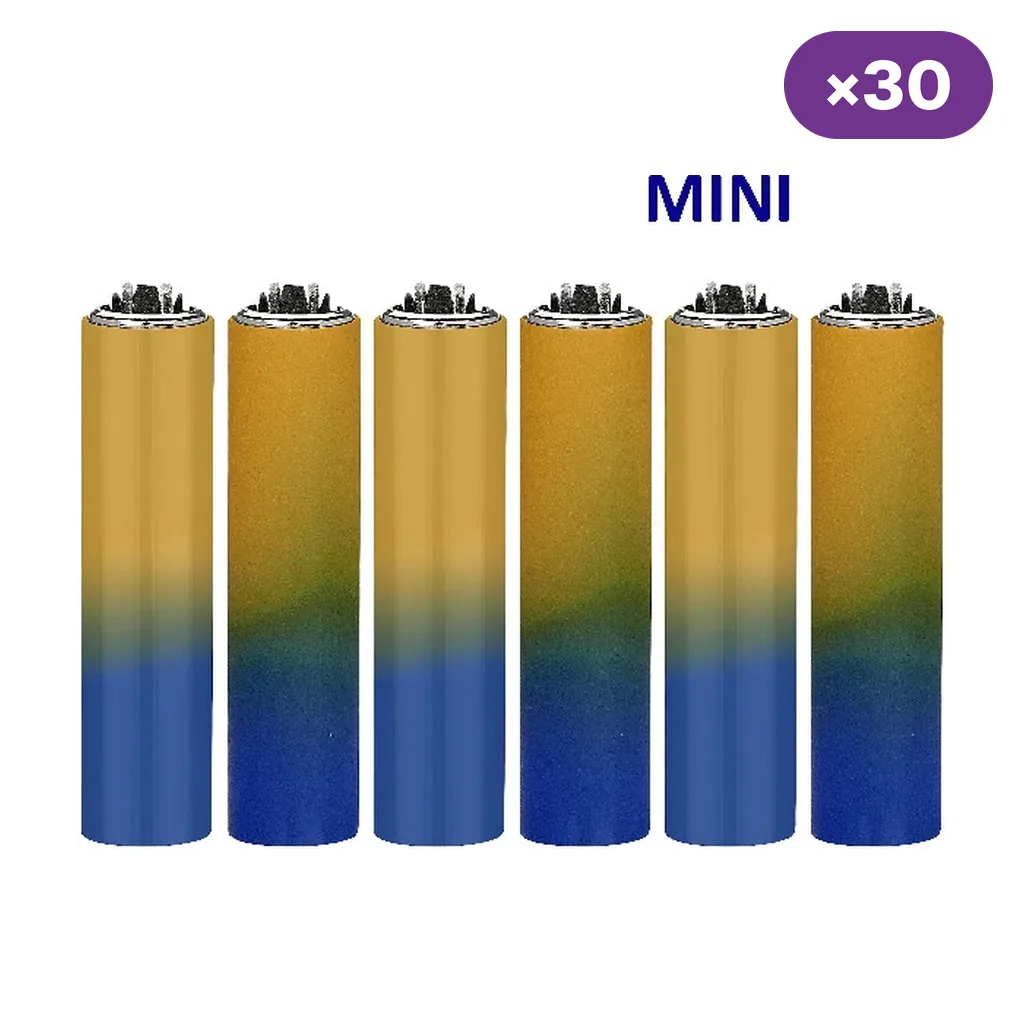 Mecheros Mini Clipper Glow Gradient alineados, con degradado de amarillo a azul en acabados lisos y texturados; rótulos MINI y ×30.