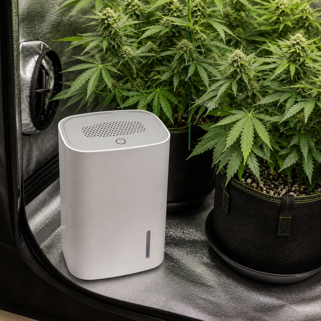 Mini deshumidificador blanco con rejilla superior y visor vertical, junto a plantas en macetas dentro de un armario de cultivo. Mini deshumidificador blanco con rejilla superior y visor vertical, junto a plantas en macetas dentro de un armario de cultivo.