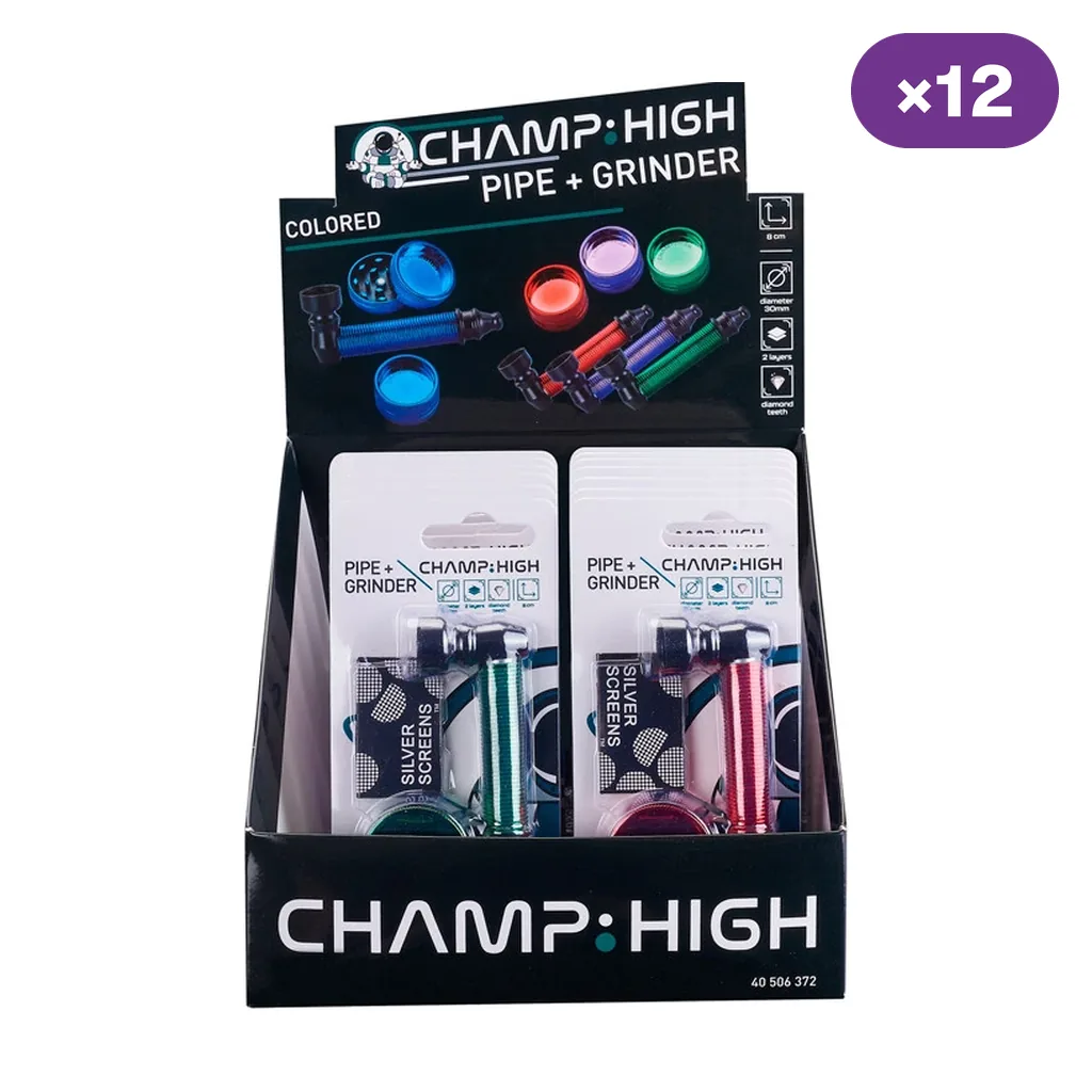 Expositor Champ High con minipipas y grinders de colores surtidos en blísteres, con ejemplos de los distintos colores en la cabecera. Expositor Champ High con minipipas y grinders de colores surtidos en blísteres, con ejemplos de los distintos colores en la cabecera.