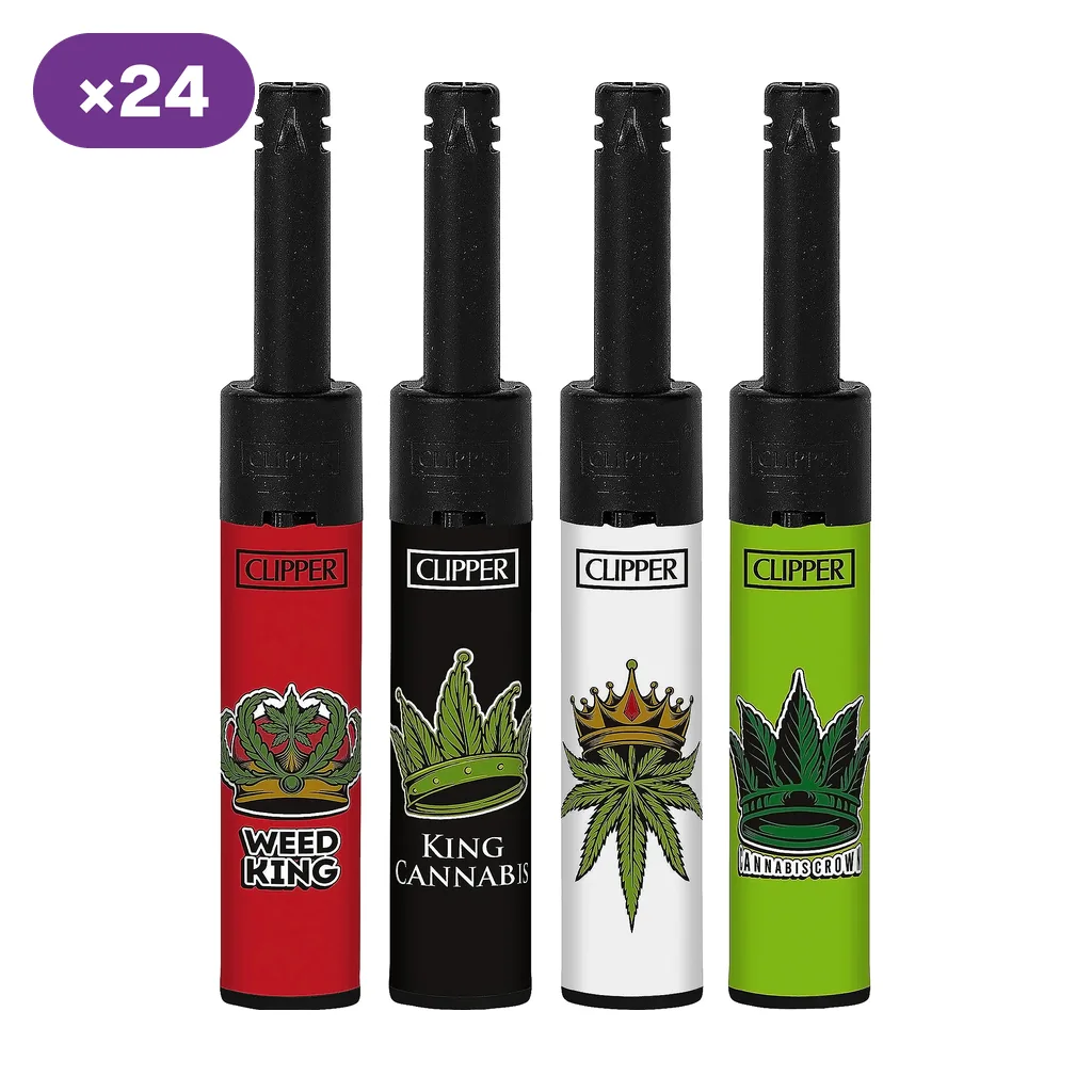 Selección de encendedores Clipper Mini Tube Canna King en rojo, negro, blanco y verde, con hojas y coronas; distintivo de 24 unidades.