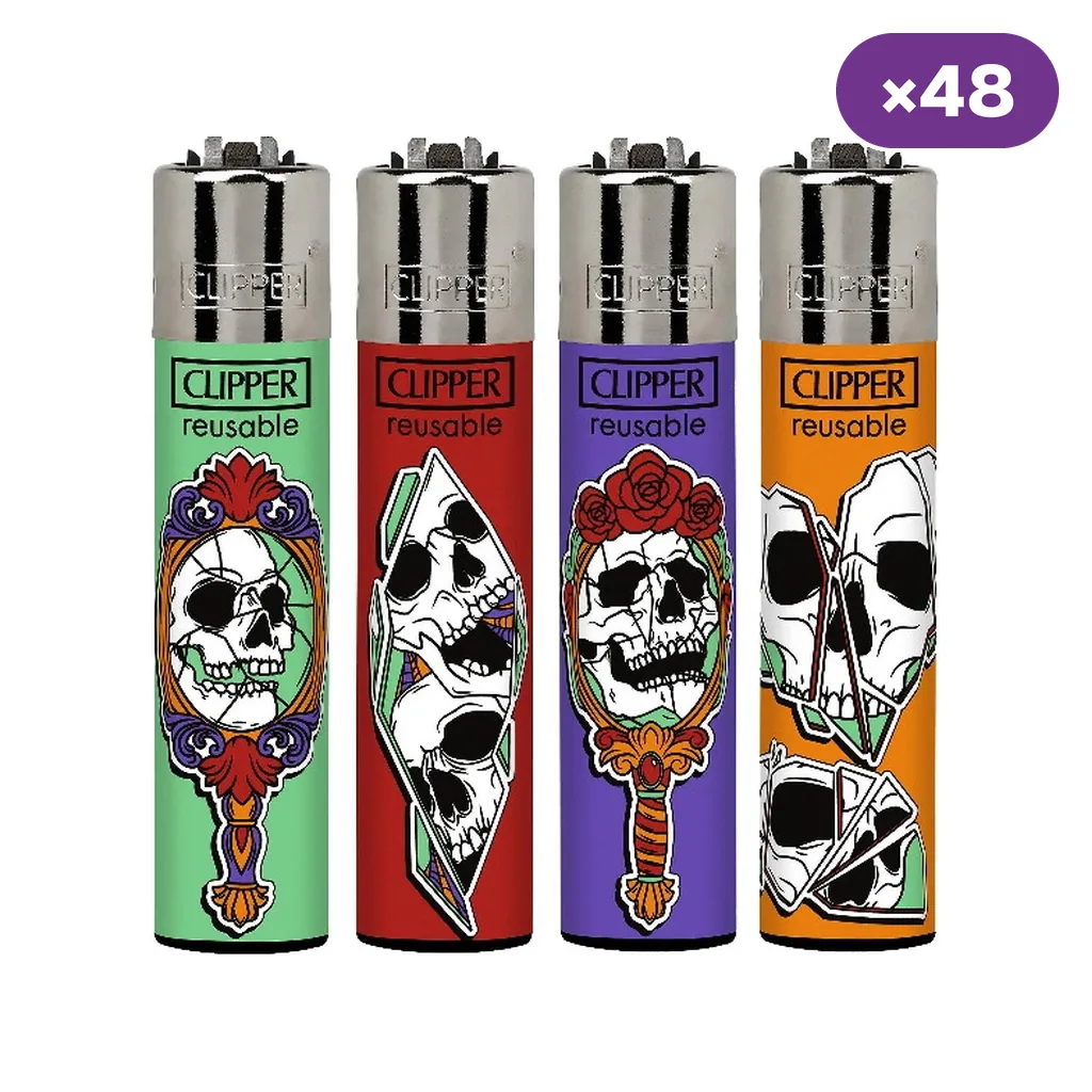 Encendedores Clipper Mirror Skulls en varios colores, con calaveras en espejos y fragmentos, junto al distintivo de 48 unidades.