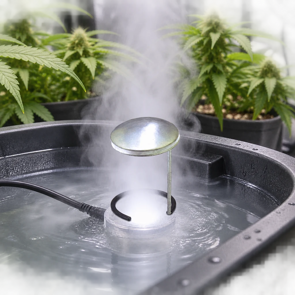 Protector antisalpicaduras con cubierta metálica abombada sobre un Mist Maker en un recipiente con agua y niebla, con plantas al fondo.