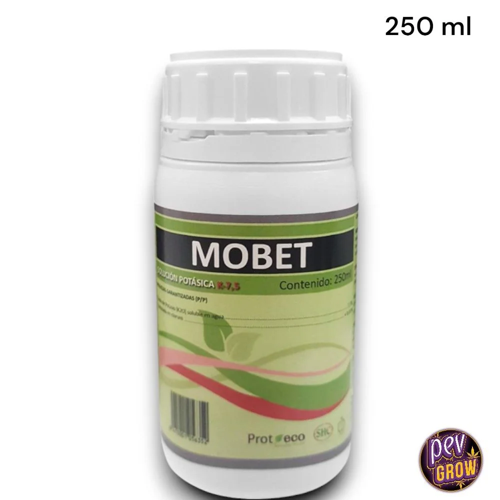 Bote blanco de Mobet jabón potásico con tapón de rosca y etiqueta verde, acompañado del texto «250 ml» sobre fondo blanco.