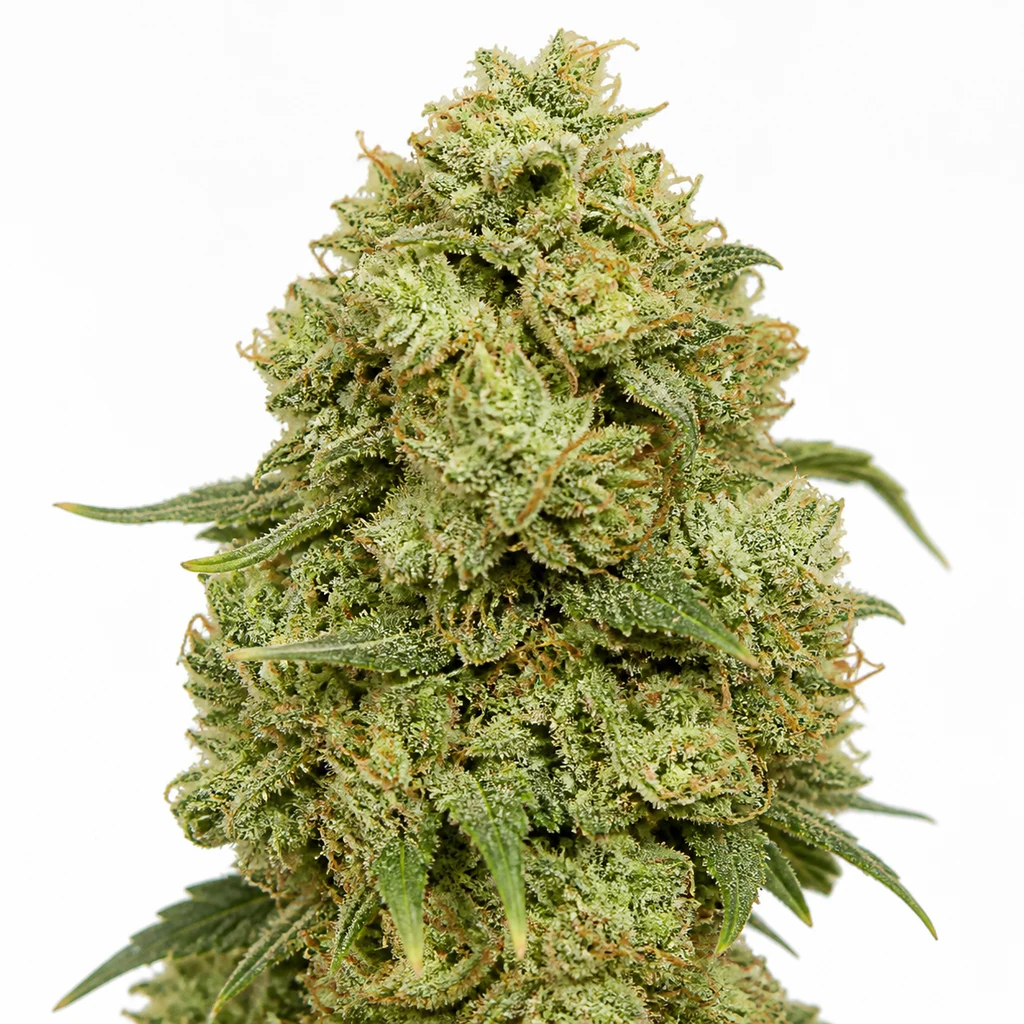 Ilustración de una flor alargada verde clara, con hojas salientes y superficie blanquecina, para la ficha de Moby Dick Auto – Silent Seeds.