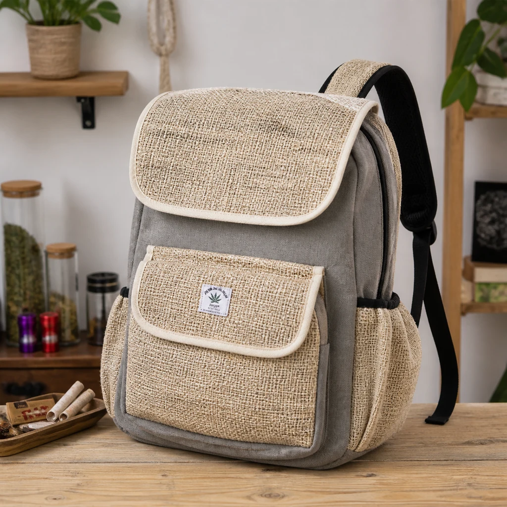 Mochila de cáñamo gris y beige con solapa, bolsillo frontal y bolsillos laterales, sobre una mesa de madera.