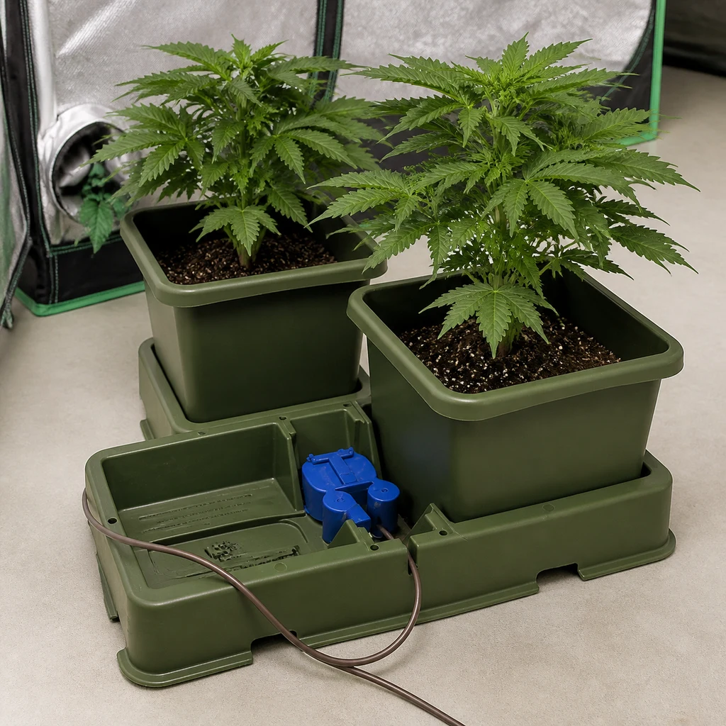 Módulo Easy2grow XL de Autopot con macetas verdes y plantas sobre una bandeja, con pieza azul y tubo junto a un armario de cultivo.