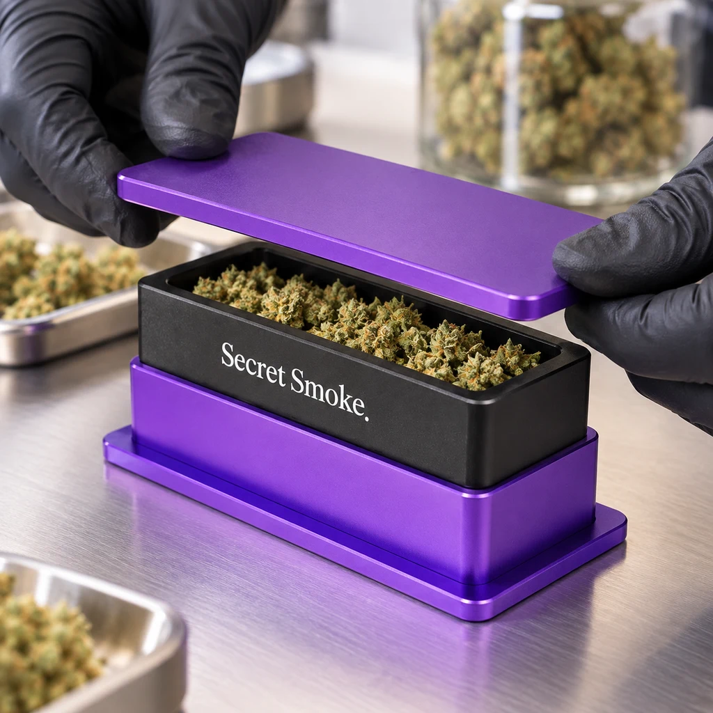 Manos con guantes negros levantan la tapa morada de un molde Secret Smoke con material vegetal, sobre una mesa metálica.
