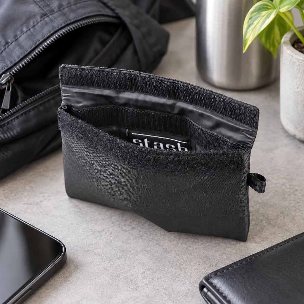 Escena generada de una bolsa negra Stash Bags abierta, con cierre de velcro, sobre una mesa junto a una mochila y un móvil.