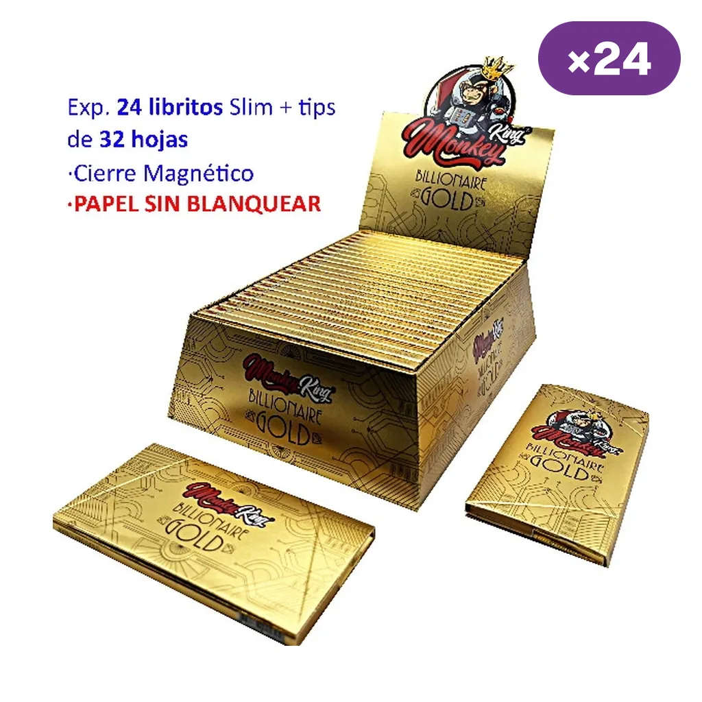 Expositor dorado Monkey Billionaire Gold Slim con libritos y tips; el texto indica 24 libritos de 32 hojas y papel sin blanquear.