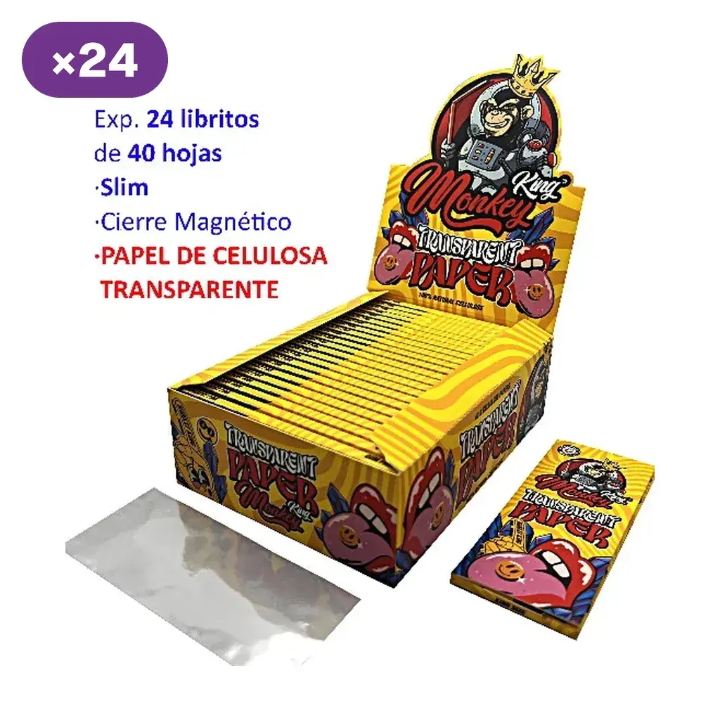 Expositor amarillo Monkey Slim con varios libritos y una hoja transparente; el texto indica 24 libritos de 40 hojas y cierre magnético.