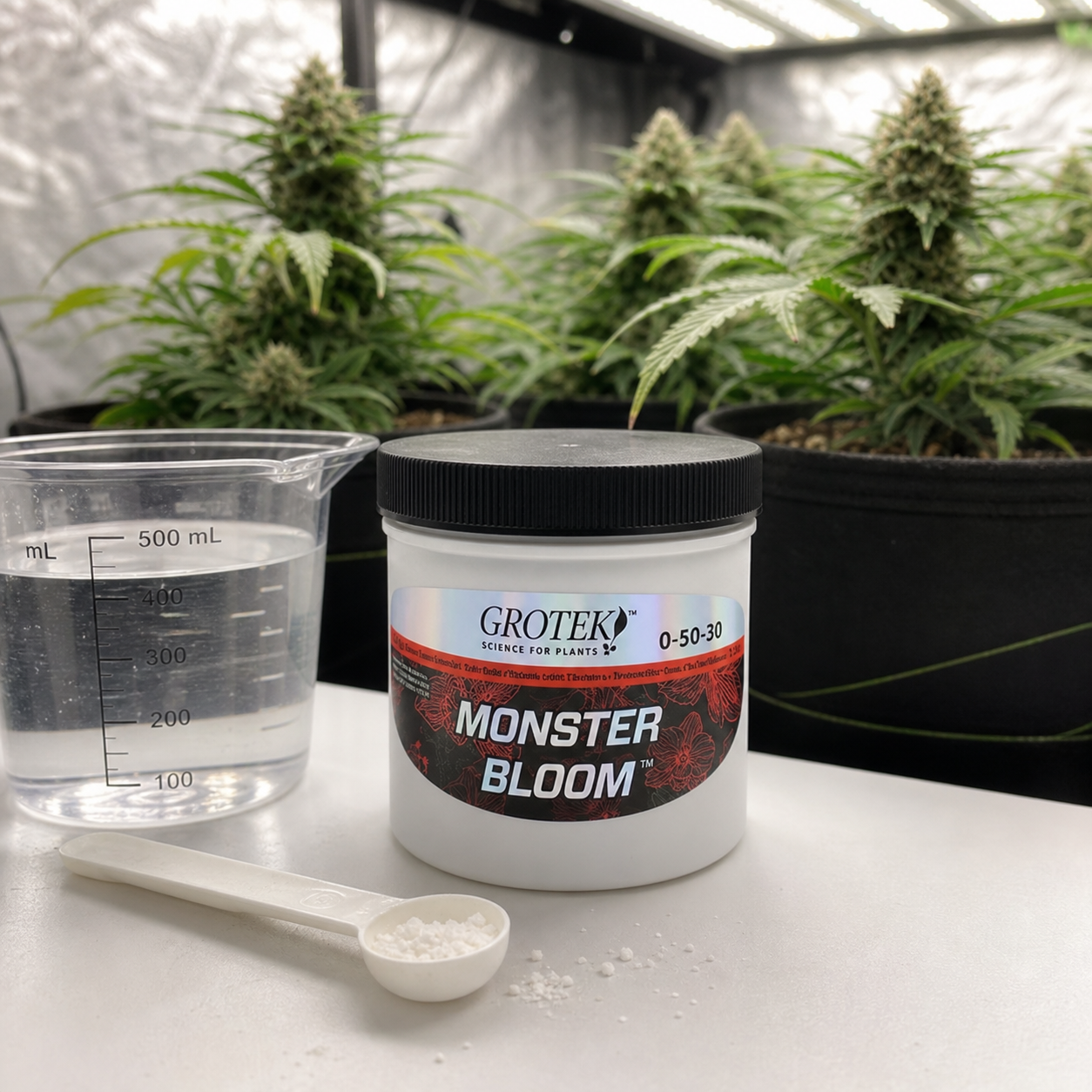 Bote de Monster Bloom Grotek junto a un vaso graduado con agua y una cuchara con gránulos blancos, con plantas al fondo. Bote de Monster Bloom Grotek junto a un vaso graduado con agua y una cuchara con gránulos blancos, con plantas al fondo.