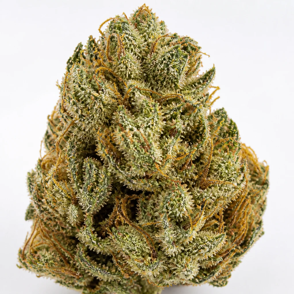 Ilustración de un cogollo verde con abundantes tricomas claros y pistilos anaranjados para la ficha de Monster de Eva Seeds.