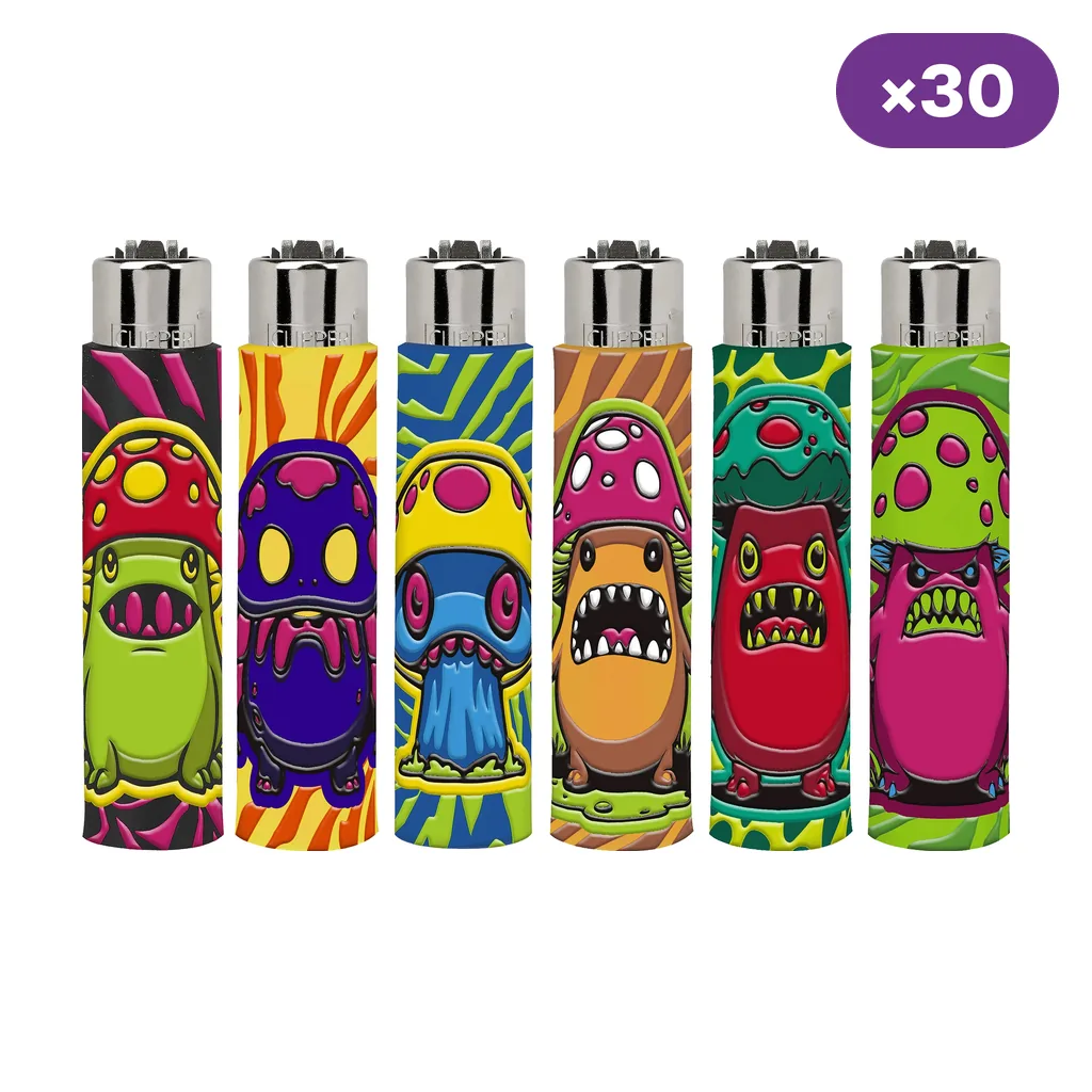 Selección de encendedores Clipper con fundas de colores y dibujos de setas monstruosas, sobre fondo blanco y con distintivo de 30 unidades.