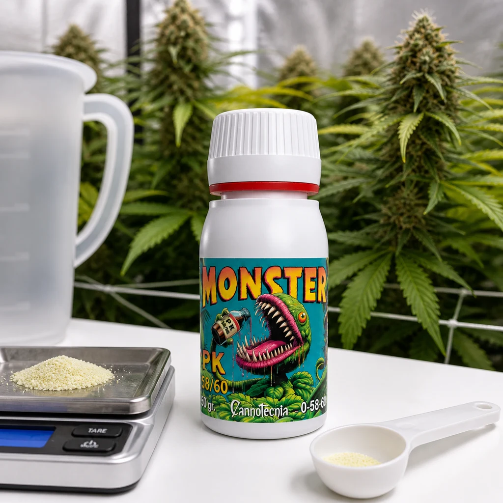Escena generada de un bote Monster PK 58/60 junto a una báscula con polvo claro, una cuchara dosificadora y plantas al fondo.
