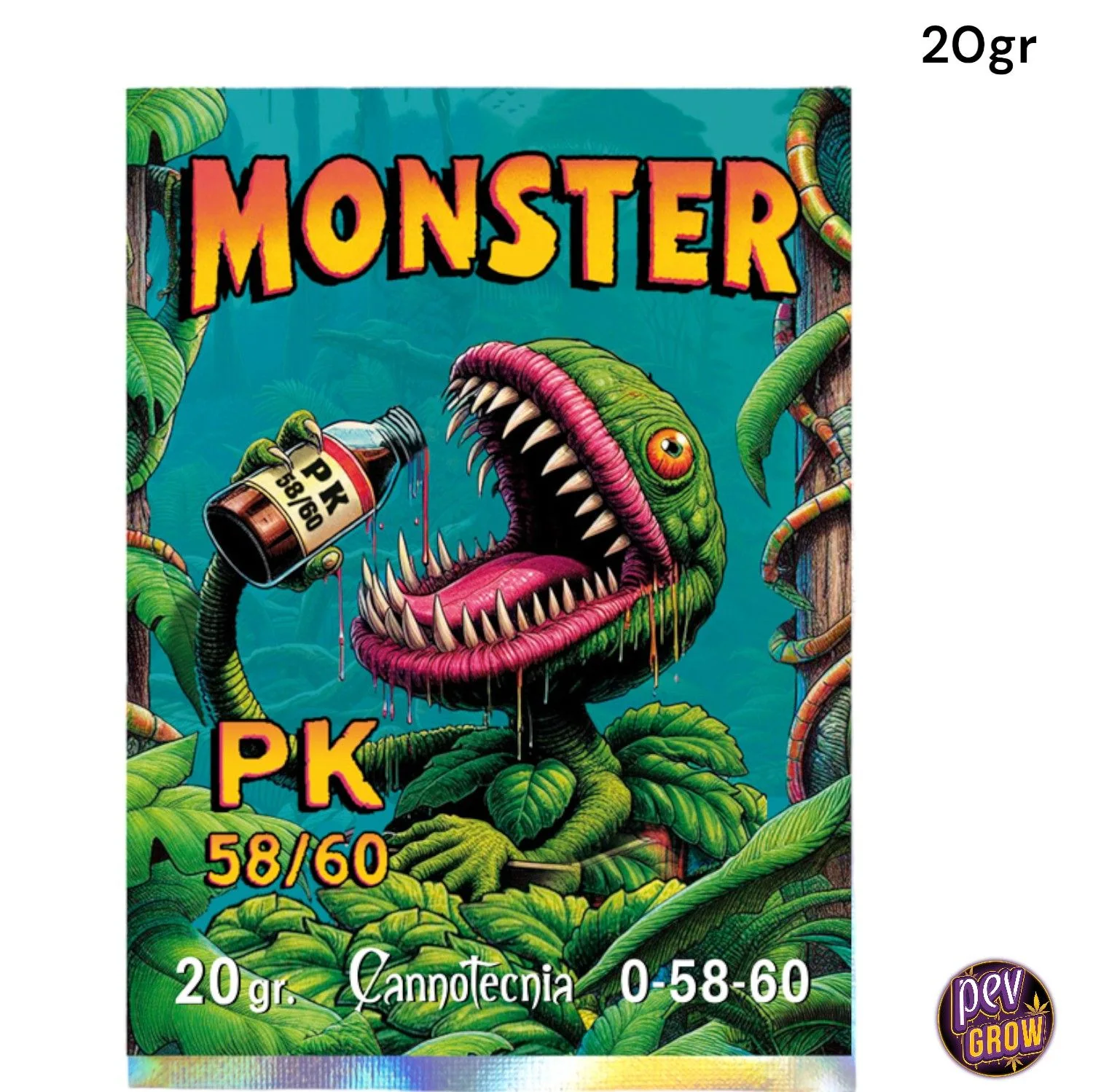 Envase de Monster PK 58/60 de Cannotecnia, rotulado 20 gr y 0-58-60, con una planta monstruosa de grandes dientes sobre fondo turquesa.