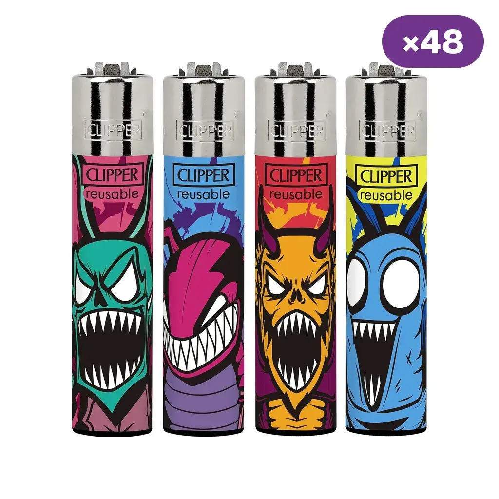 Encendedores Clipper Monsters con distintos monstruos de colores, bocas abiertas y dientes puntiagudos; distintivo de 48 unidades.