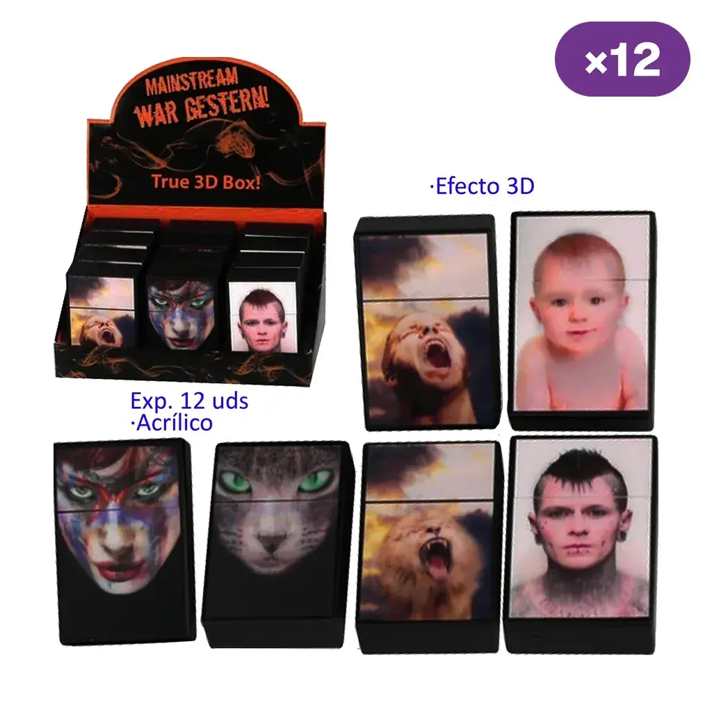 Selección de tabaqueras Morph negras con diseños de rostros humanos y animales, junto a un expositor rotulado con efecto 3D y 12 unidades.