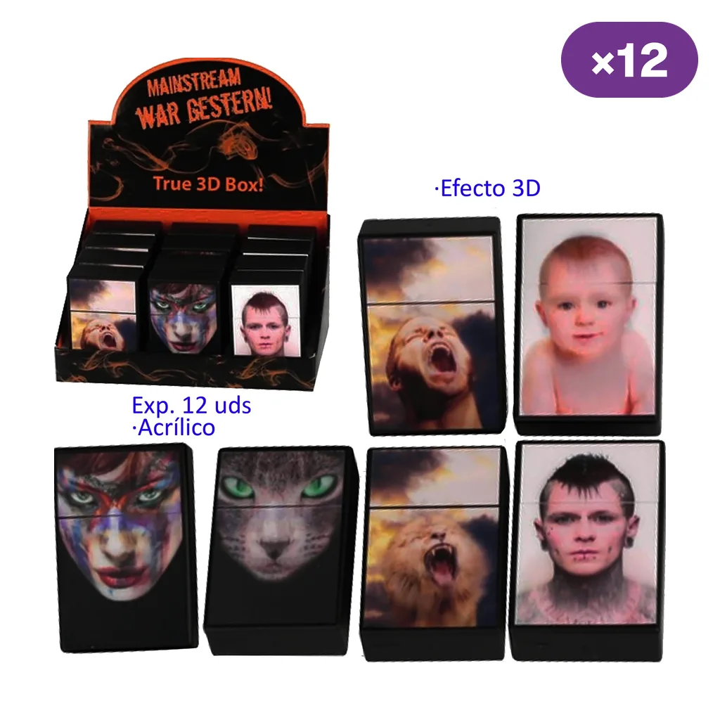 Selección de tabaqueras Morph negras con diseños de rostros humanos y animales, junto a un expositor rotulado con efecto 3D y 12 unidades.