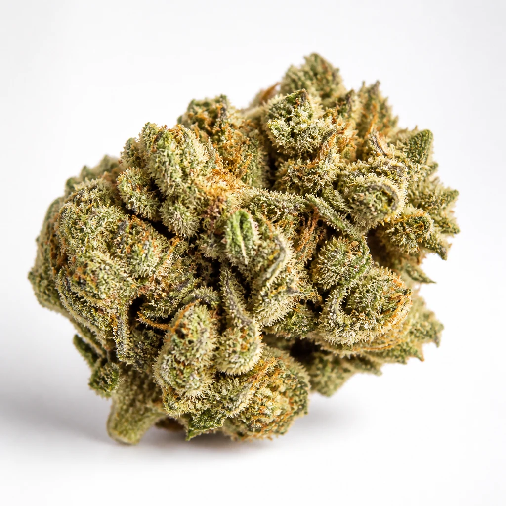 Ilustración de un cogollo redondeado con hojas rizadas y filamentos anaranjados para la ficha de Mota Khan Afghana Feminizada – Elite Seeds.