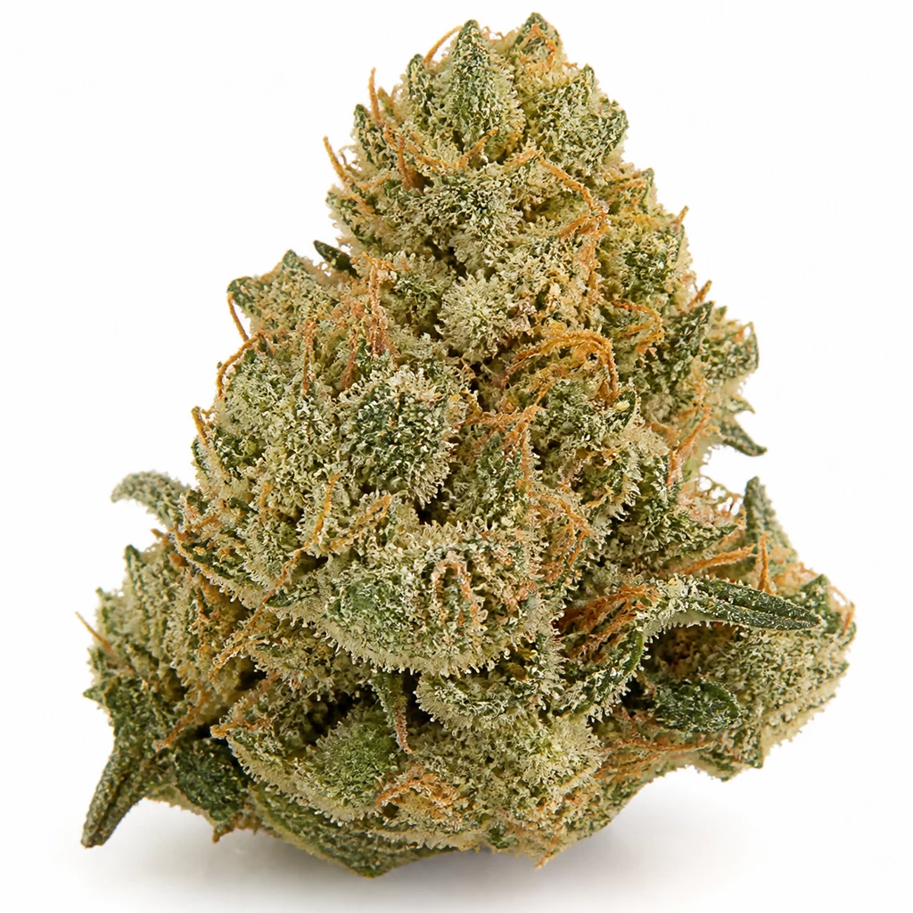Ilustración de un cogollo verde con filamentos anaranjados y superficie blanquecina para la ficha de Mr. Nice G13 X Hash Plant® Regular.