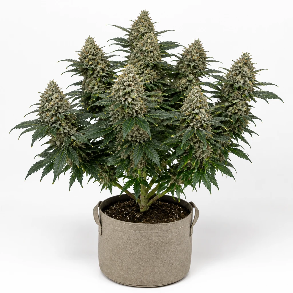 Ilustración de una planta de cannabis para la ficha de Mr. Nice G13 X Hash Plant, con cogollos voluminosos y maceta beige con asas.