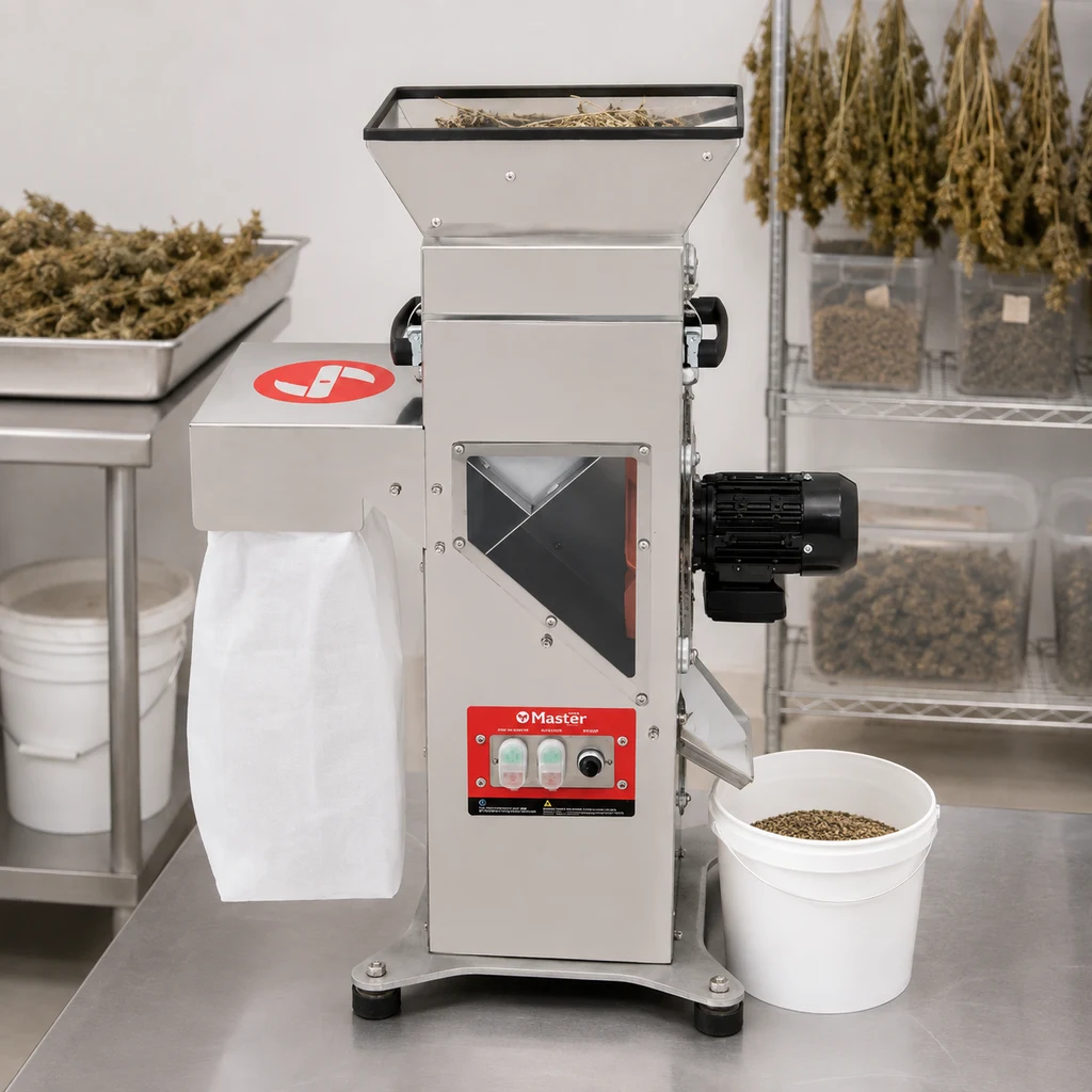 Escena generada de la desgranadora MS Seeds 200 sobre una mesa, con tolva superior, bolsa lateral y cubo bajo la salida.