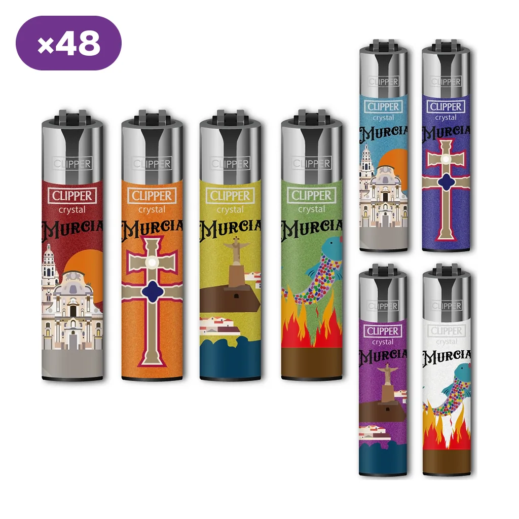 Selección de encendedores Clipper Murcia con distintos colores y motivos de edificios, cruces y peces; distintivo de 48 unidades.