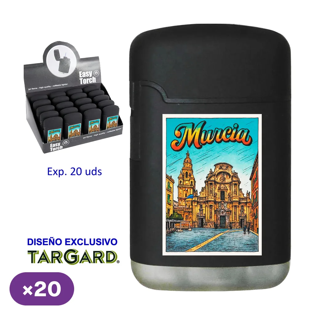 Encendedor negro con ilustración de la catedral y el nombre Murcia, junto a un expositor con varias unidades.