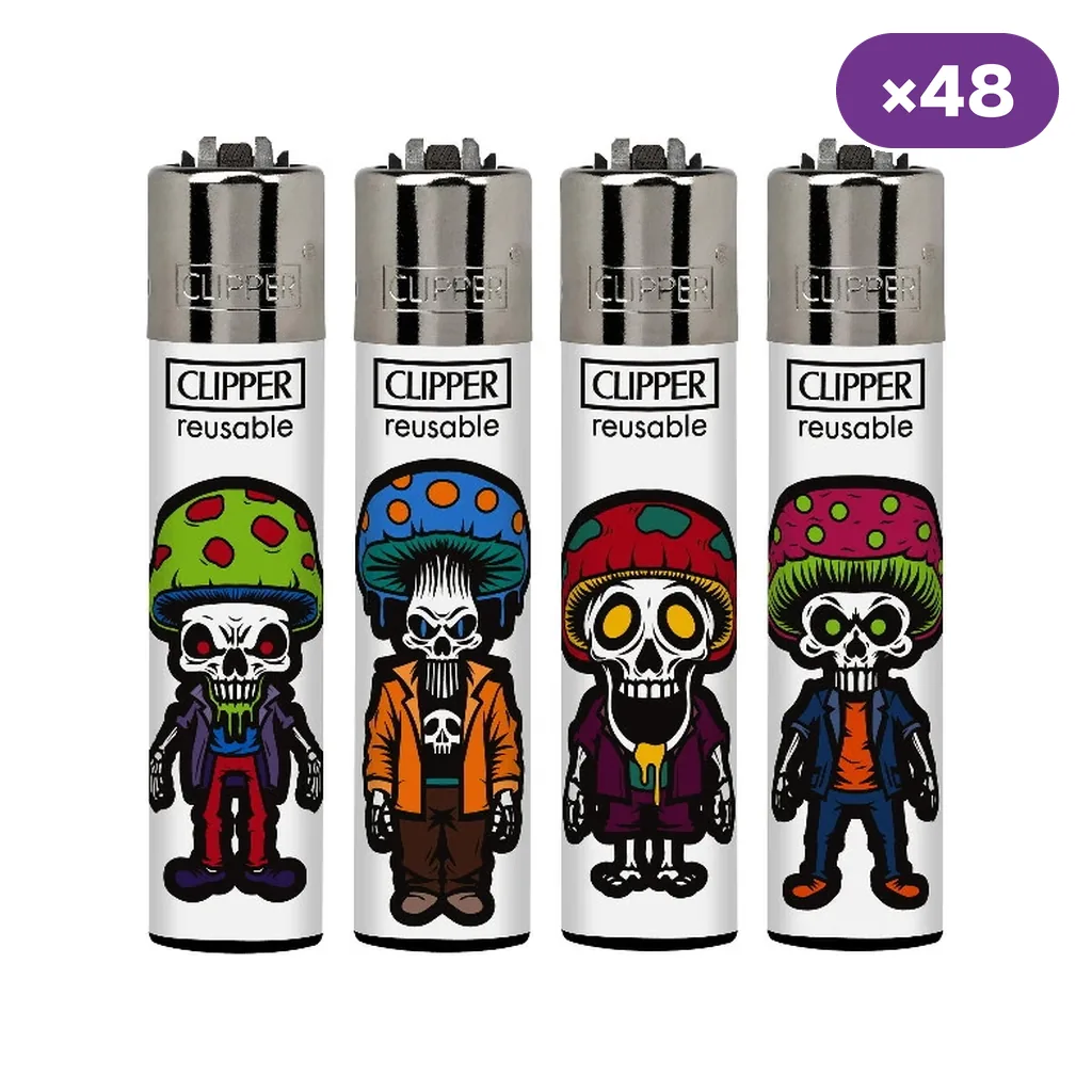 Encendedores Clipper Mycoheads blancos con distintos personajes de calaveras y sombreros de seta de colores; distintivo de 48 unidades.