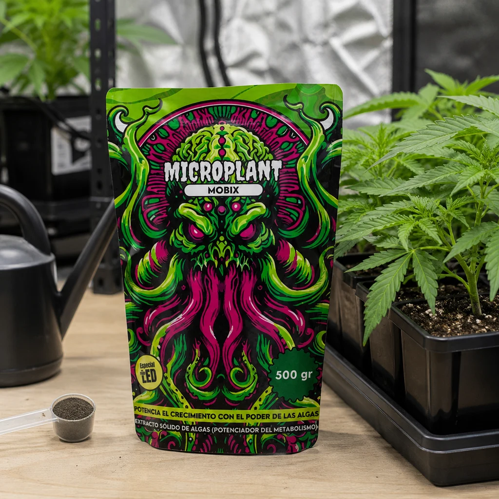 Bolsa de Microplant con texto «MOBIX» y «500 gr», decorada en verde y fucsia, junto a una cucharilla y plantas en macetas.