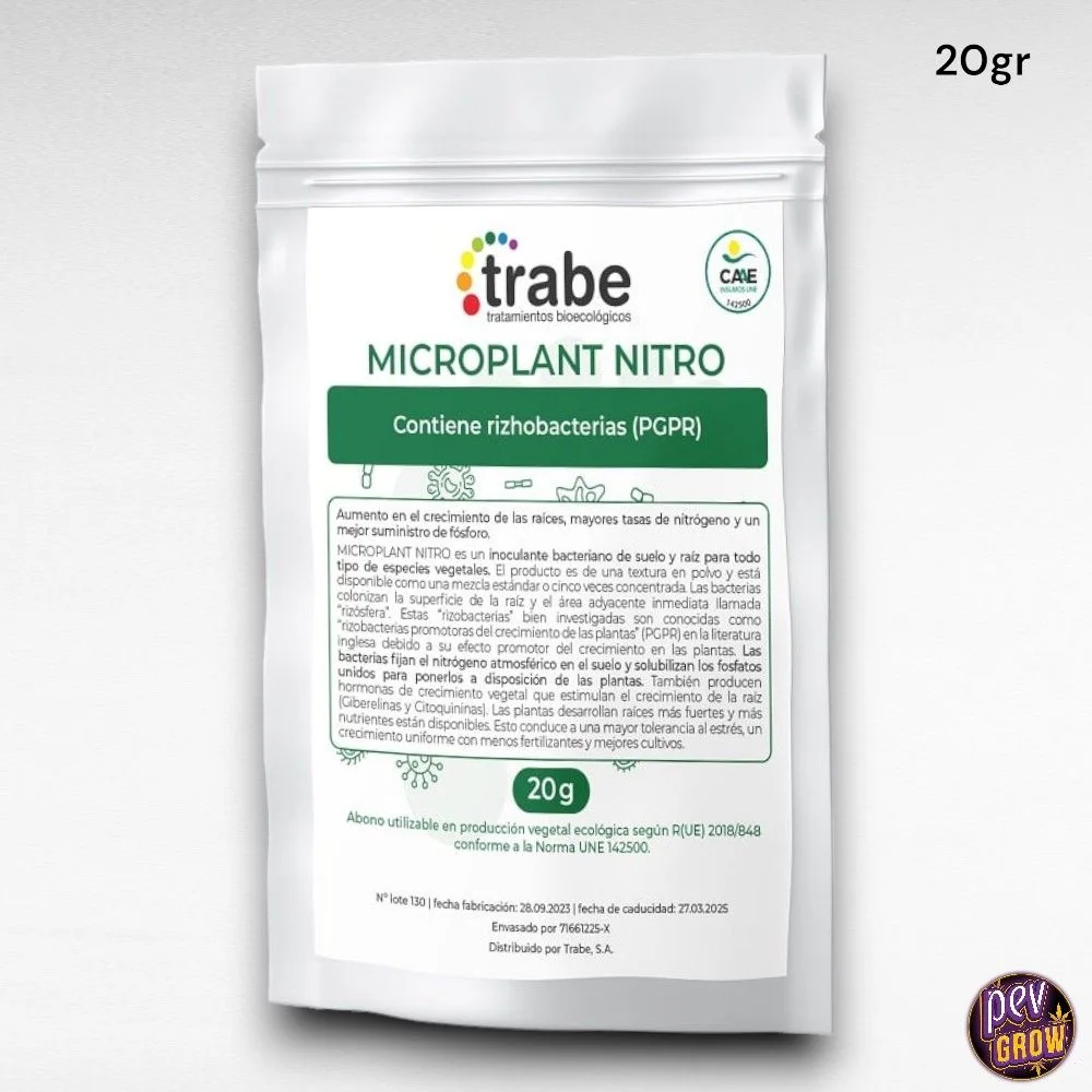 Bolsa blanca de Microplant Nitro de Trabe de 20 g, con etiqueta verde que indica su contenido en rizobacterias (PGPR).