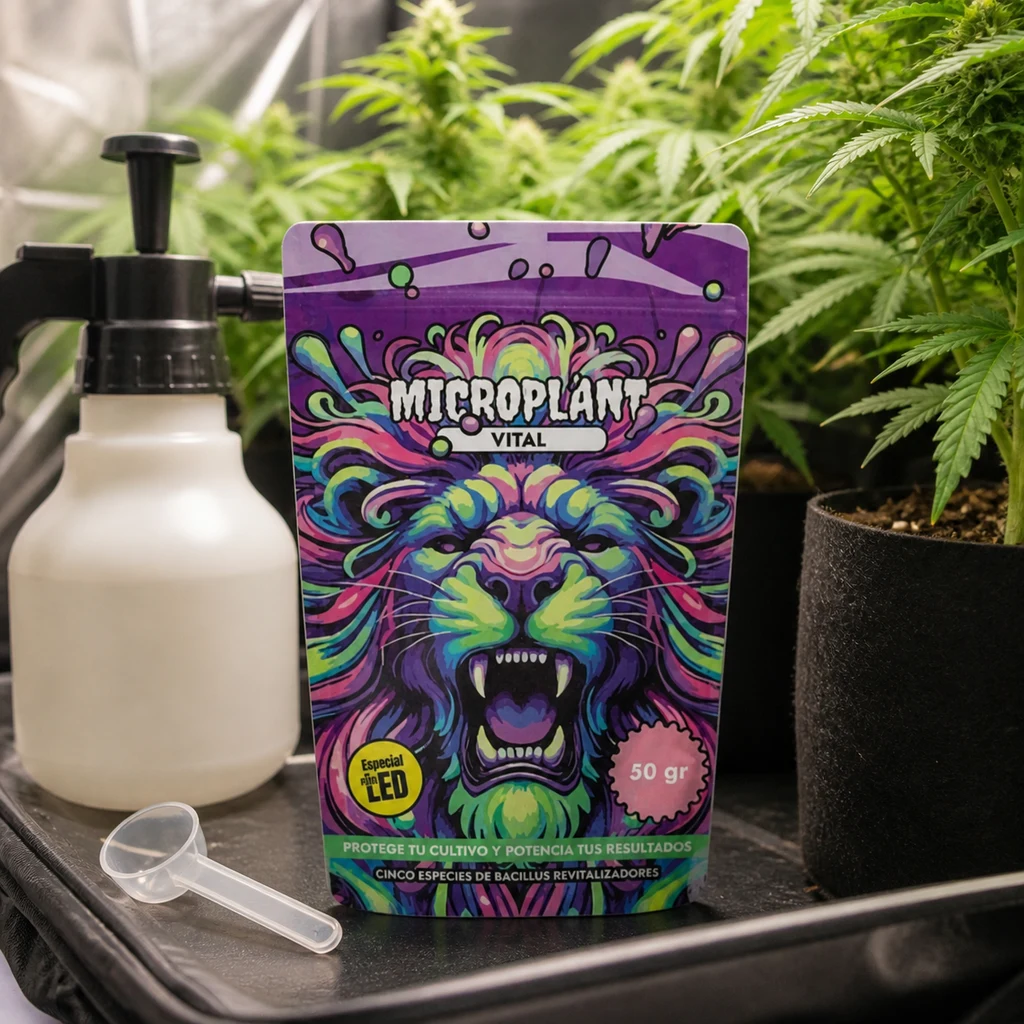 Bolsa de Mycroplant Vital de 50 gr con un felino multicolor, junto a un pulverizador y una cuchara dosificadora entre plantas.