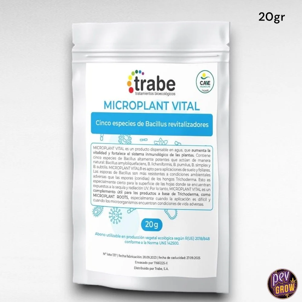Bolsa blanca de Microplant Vital de Trabe, con etiqueta azul, formato de 20 g y el texto «Cinco especies de Bacillus revitalizadores».