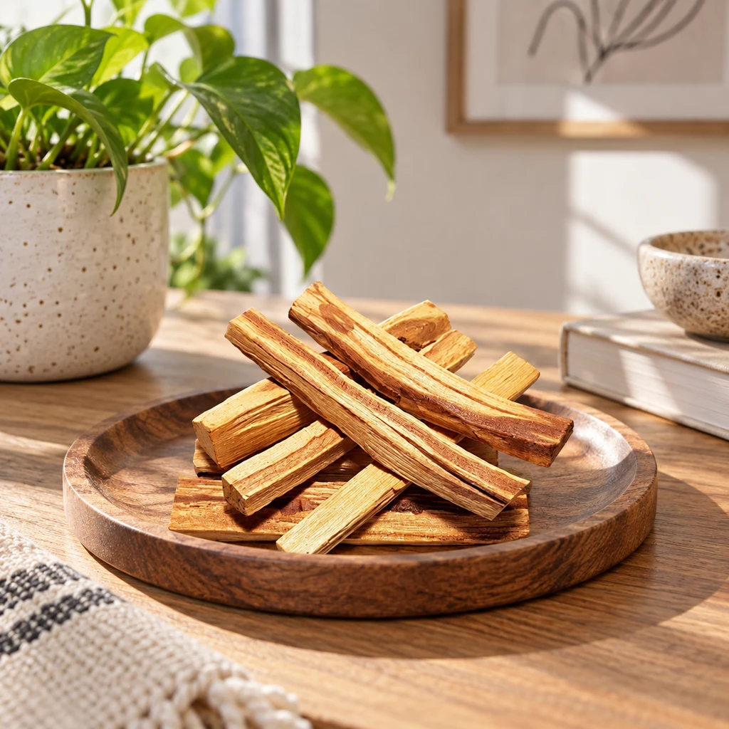Palos de palo santo apilados sobre un plato de madera, en una mesa soleada junto a una planta en maceta.