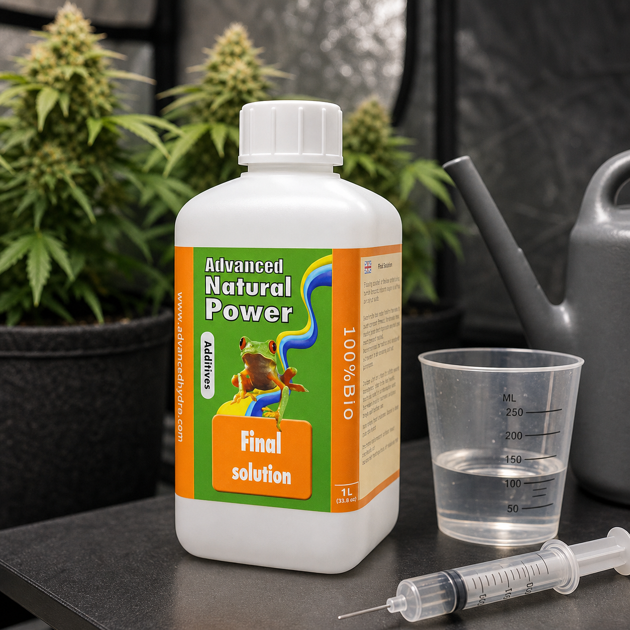 Botella de un litro de Natural Power Final Solution junto a un vaso graduado, una jeringa y una regadera, con plantas al fondo.