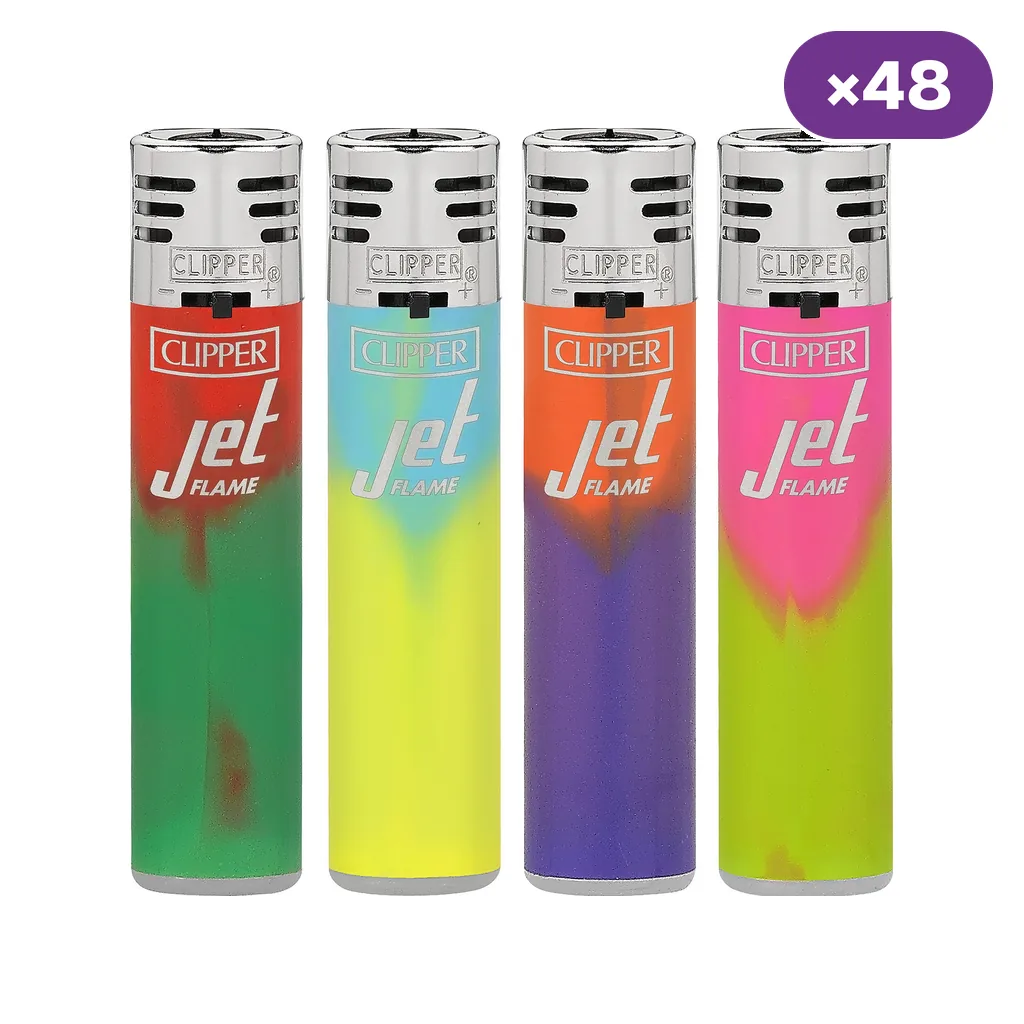 Encendedores Clipper Jet Flame en varios degradados de colores, alineados sobre fondo blanco con un distintivo de 48 unidades.