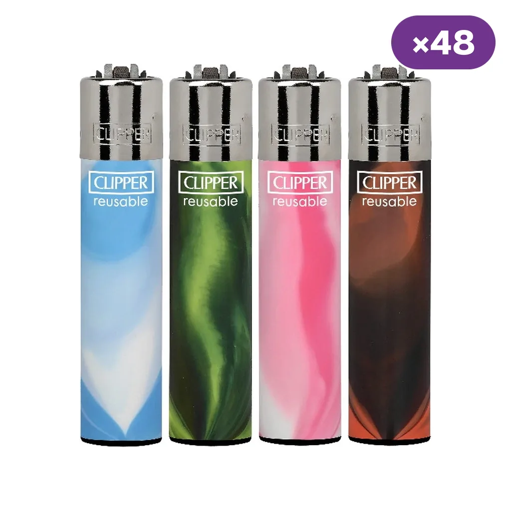 Selección de encendedores Clipper Nebula Mix 7 con diseños ondulados en azul, verde, rosa y marrón; distintivo de 48 unidades.