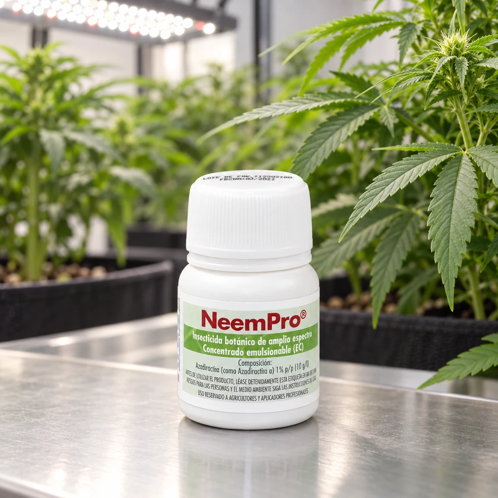Escena generada de un bote blanco de NeemPro con etiqueta verde sobre una mesa metálica, junto a plantas de cannabis bajo luces.