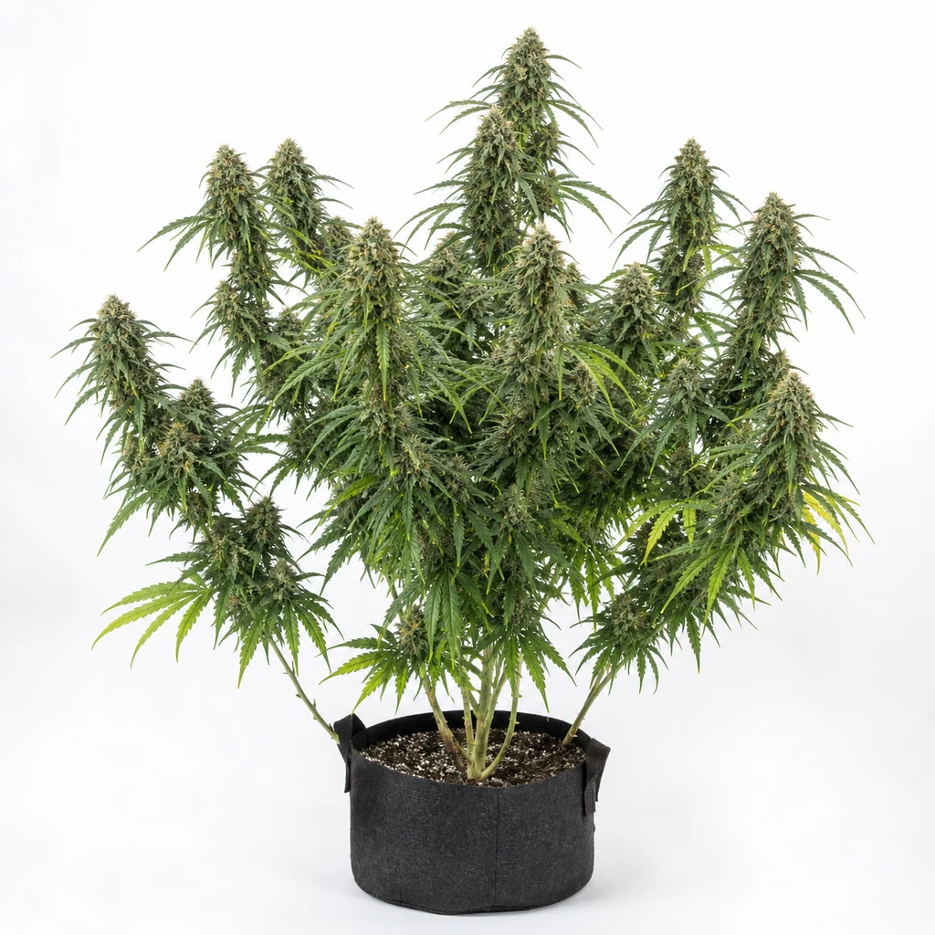 Ilustración de cannabis en floración para la ficha de Nefertiti Feminizada, con ramas alargadas y maceta textil negra sobre fondo blanco.
