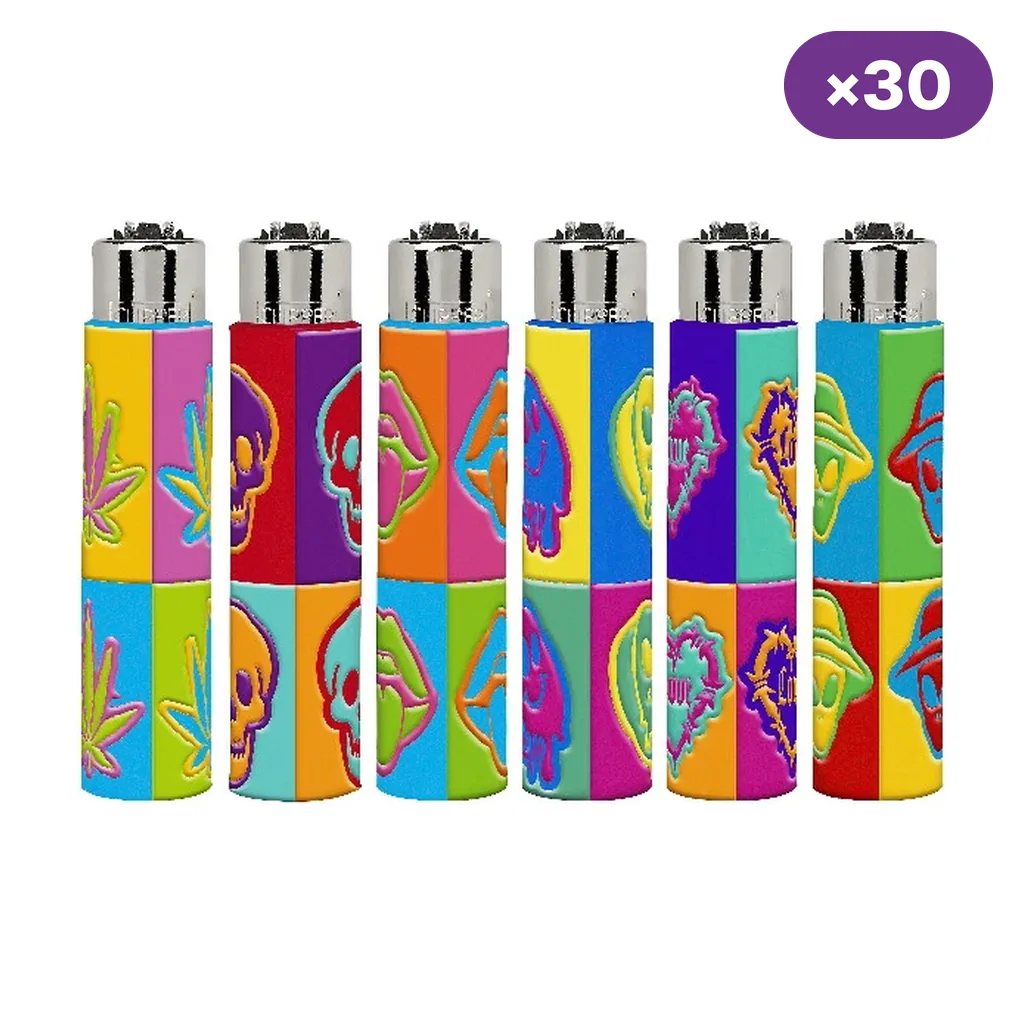 Encendedores Clipper Neo Pop con fundas de bloques multicolor y dibujos de hojas, calaveras y labios; distintivo de 30 unidades.