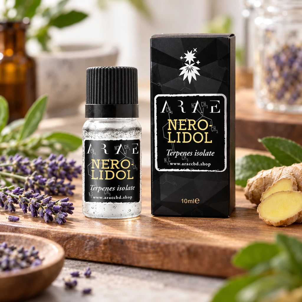 Frasco transparente y caja negra de Nerolidol sobre una tabla de madera, con flores de lavanda, jengibre cortado y hojas verdes alrededor.