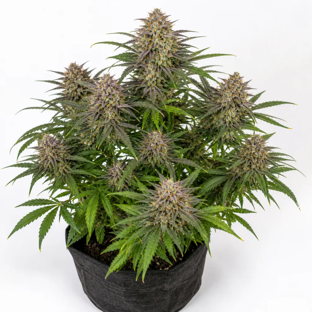 Planta de Neville's Haze de Mr Nice en floración, con varios cogollos alargados y hojas verdes, en maceta de tela sobre fondo blanco.