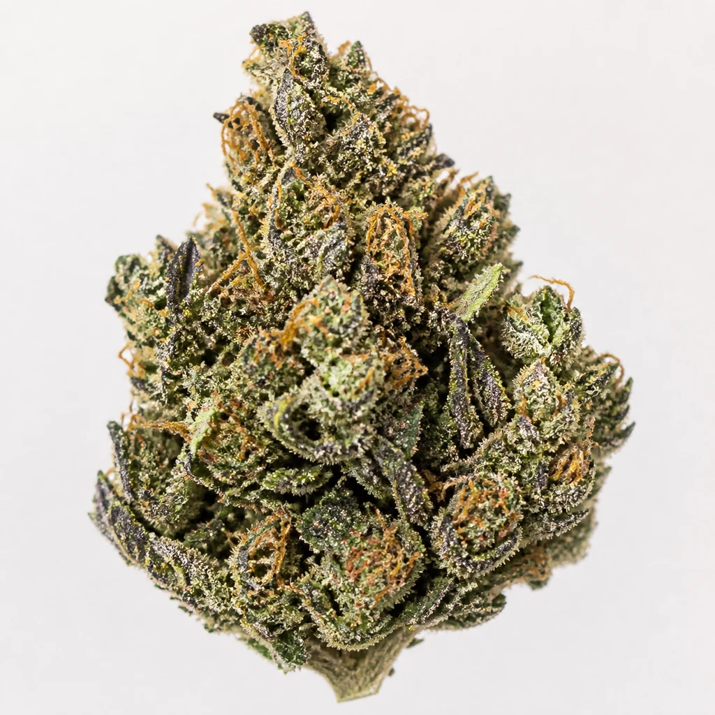 Ilustración de un cogollo para la ficha de Neville's Haze x Bubba Kush, con hojas verdes y moradas, filamentos naranjas y cobertura blanquecina.