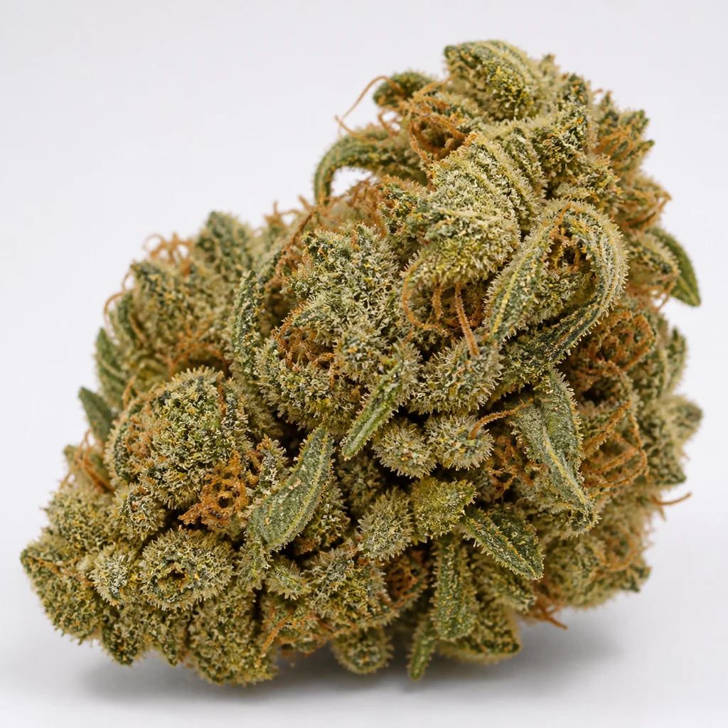 Ilustración de un cogollo verde con pistilos anaranjados y pequeñas hojas curvadas para la ficha de Nevilles Haze Mango Regular.