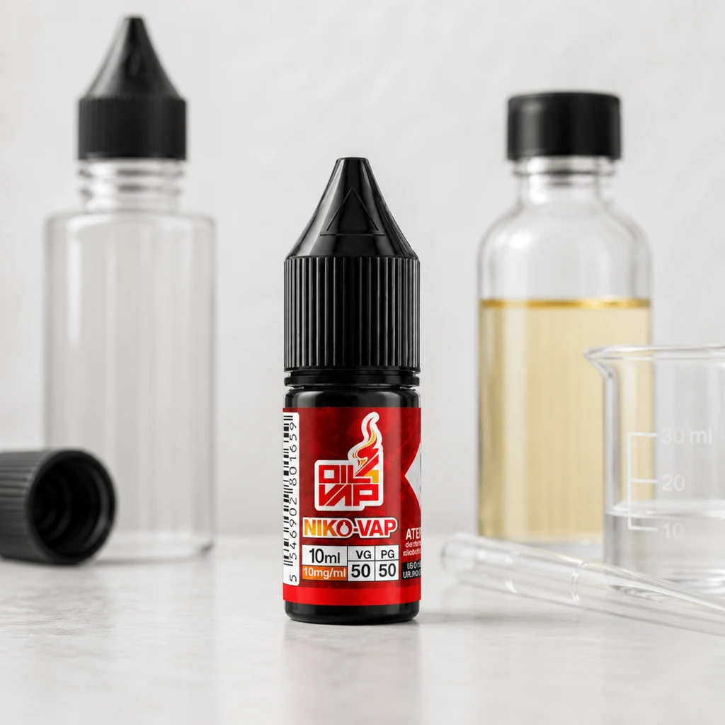 Frasco NikoVap de etiqueta roja con indicaciones de 10 ml, 10 mg/ml y VG 50 PG 50, junto a recipientes y pipetas transparentes.