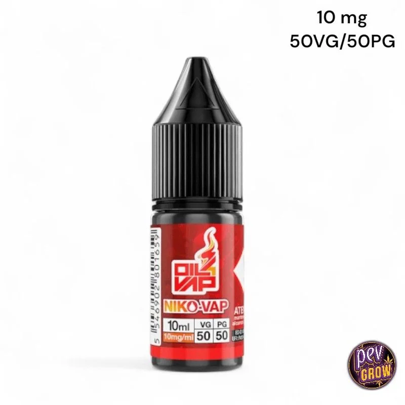 Frasco de Oil4Vap NikoVap con tapón negro y etiqueta roja que indica 10 ml, 10 mg/ml y proporción 50VG/50PG, sobre fondo blanco.