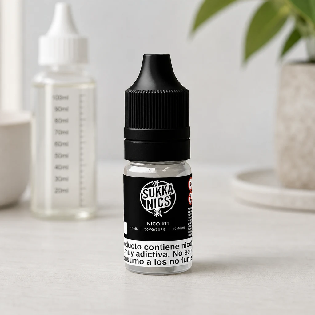 Frasco Sukka Nics Nico Kit con tapón negro y etiqueta de 10 ml y 20 mg/ml, junto a una botella graduada desenfocada.