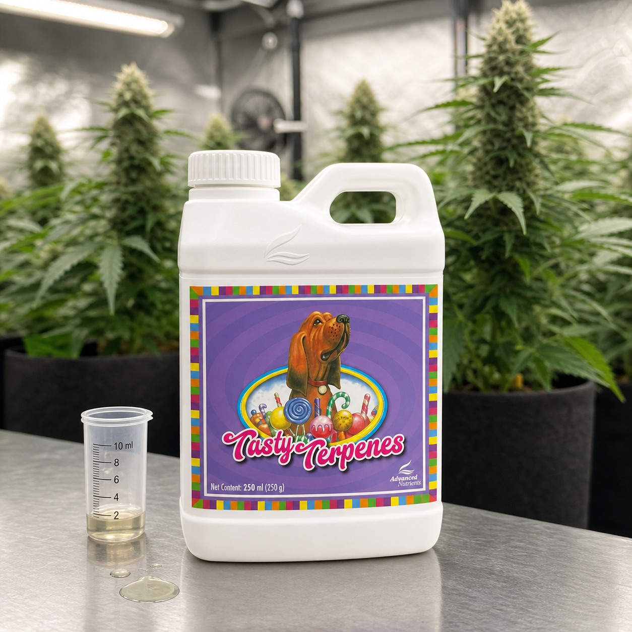Envase blanco de Tasty Terpenes con etiqueta violeta junto a un vaso graduado con líquido, ante plantas de cannabis en interior.