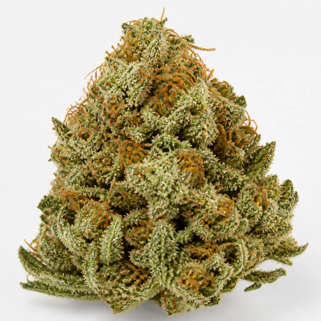 Ilustración de un cogollo verde con tricomas claros y filamentos anaranjados para la ficha de NL5 Haze Mist Feminizada de Green House Seeds.